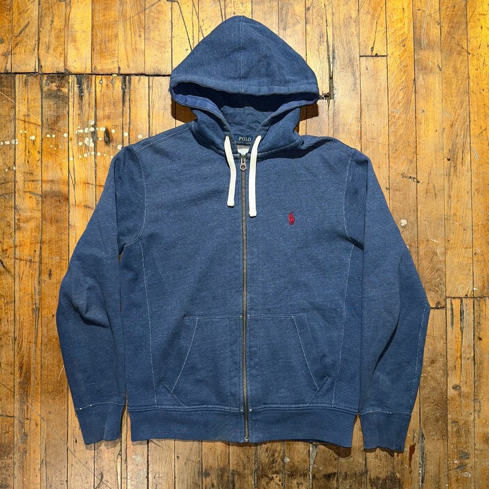 Polo Ralph‎ Lauren Hoodie Men's Medium Blue Red Pony Logo Drawstring Full Zipper